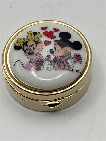 Collectible gold tone enamel top Mickey Mouse pillbox