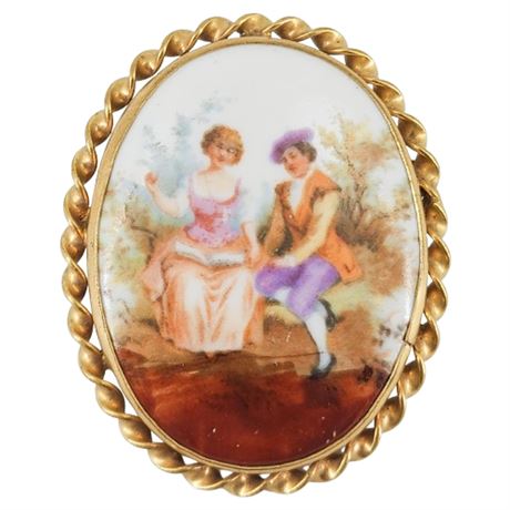 Vintage Porcelain Courting Couple Brooch
