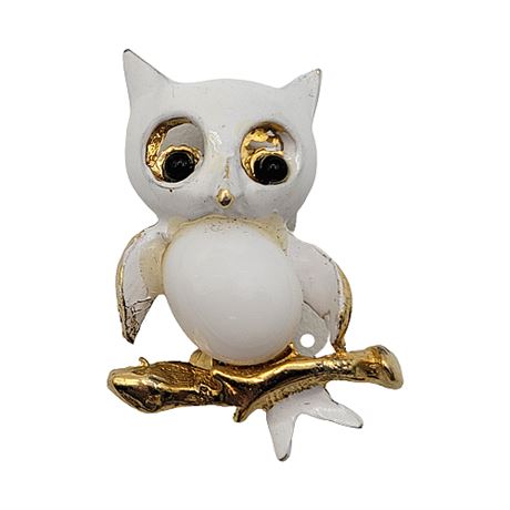 Vintage White Enamel Wise Owl Brooch
