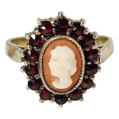 Vintage Gold Over 900 Silver  & Garnet Carved Shell Cameo Ring, Sz 6.25