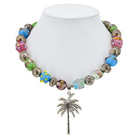 LILLY PULITZER Sterling Silver Palm Tree & Murano Style Glass Beaded Necklace