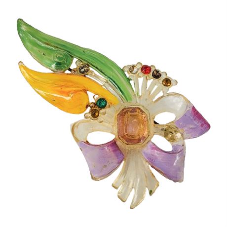 1920s Hand Painted Celluloid Rhinestone Brooch