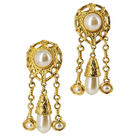 Vintage Gold Tone Faux Pearl Chunky Dangle Clip Earrings