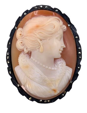 Vintage Sterling & Marcasite Carved Shell Cameo Brooch, Pendant