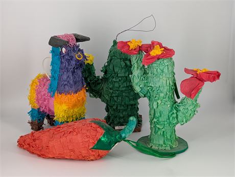 4 Small Pinatas Mexico - Bull, Cactus, Chile Pepper
