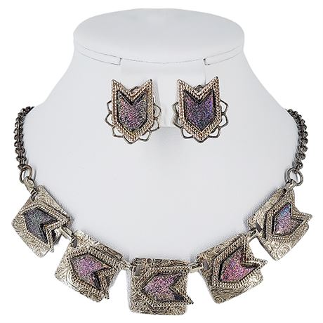 Vintage Embossed Silver Tone & Iridescent Metallic Necklace & Clip Earrings Set