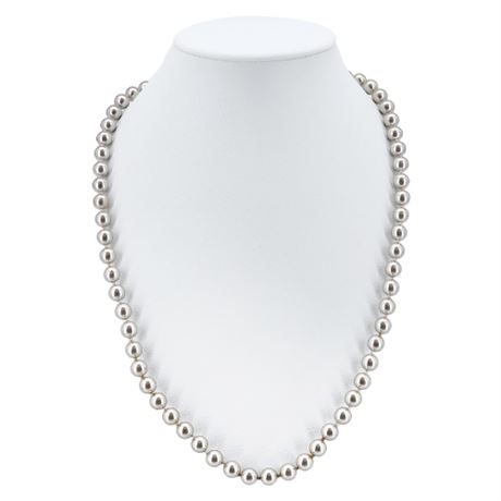 Vintage MONET Hand Knotted 8mm Silver Faux Pearl Necklace