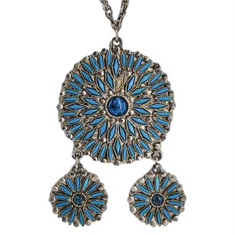 Vintage Faux Turquoise Zuni Style Petit Point Medallion Necklace