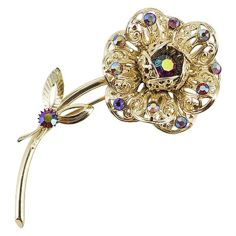 Vintage SARAH COVENTRY "Fashion Flower" Rhinestone Flower Brooch & Clip Earrings