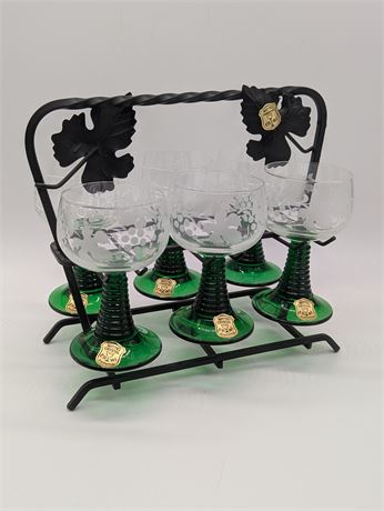 Set 6 Vtg. WITTIG Hadamar Germany Green Beehive Etched Wine Goblets w/Holder