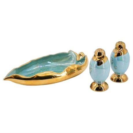 Vintage Lusterware Aqua & 22K Gold Salt, Pepper, & Leaf Dish Set