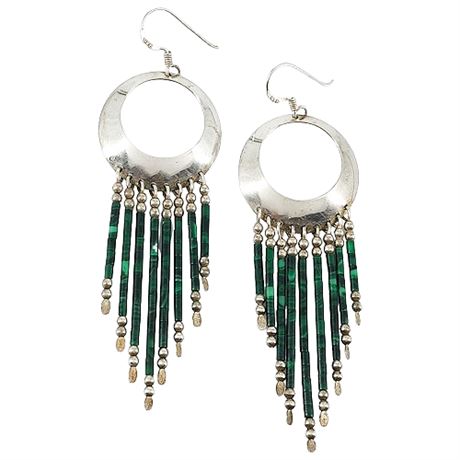 Vintage Native American Sterling Silver Malachite Fringe Earrings