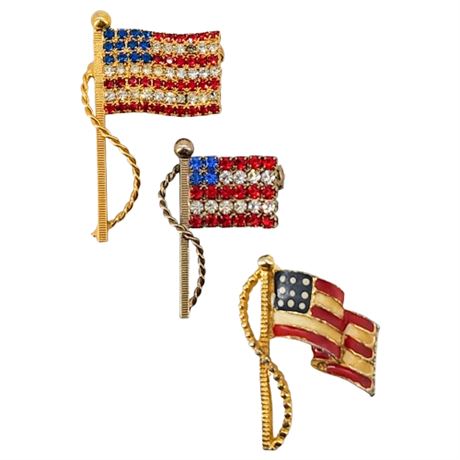 Three Vtg American Flag Brooches