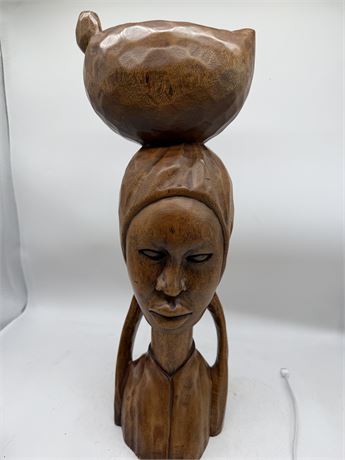 Vintage African-Style Hand-Carved Teak Wood Female Bust Sculpture