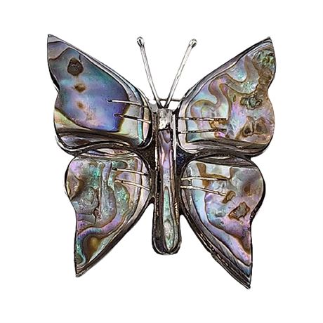Vintage Taxco Silver Abalone Butterfly Brooch, Signed SJR