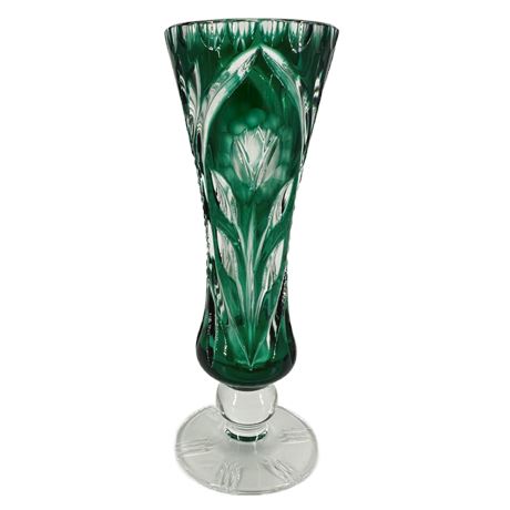 Vintage Goebel Bohemia Glass Green Cut to Clear Bud Vase