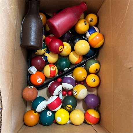 Box Lot of Assorted Pool Balls and Game Pieces