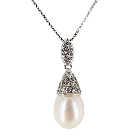 Signed CP Sterling Silver White Spinel & Pearl Drop Pendant Necklace