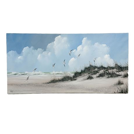 Vintage Acrylic on Canvas Beach Scene with Gulls, Signed