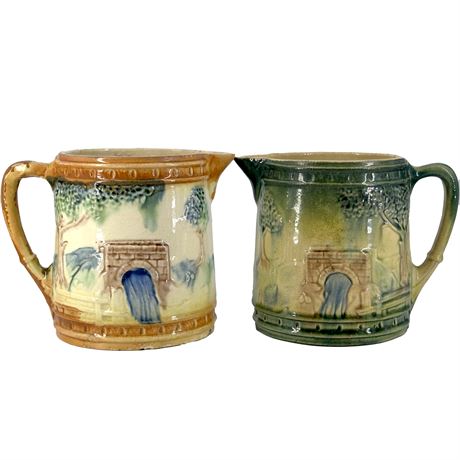 Vintage Roseville Pottery "The Bridge" lot of Two Pitchers