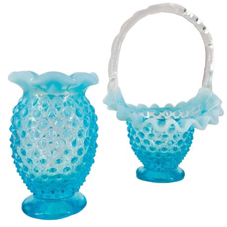 Vintage Pair Fenton Blue Opalescent Hobnail Ruffle Bud Vase and Art Glass Basket