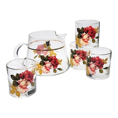 Vintage West Virginia Glass "Radiant Rose" Pitcher & Set of 4 Rocks Glasses