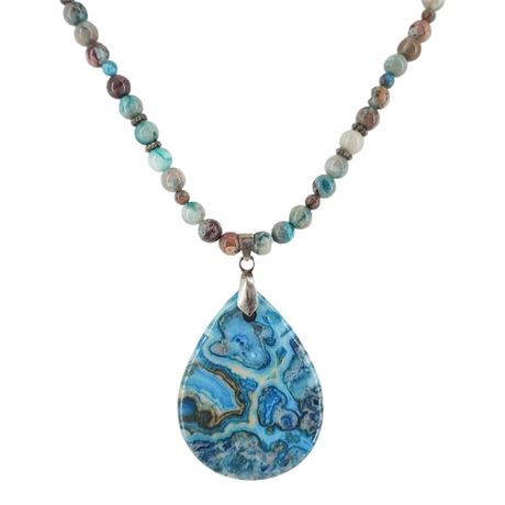Artisan Made Blue Laguna Lace Agate Beaded Pendant Necklace