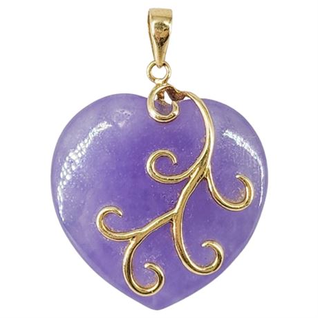 Signed HK 14K Gold Lavender Jade Heart Pendant