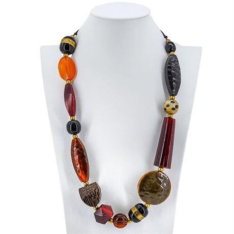 Vintage Chunky Carved Plastic & Wood Statement Necklace