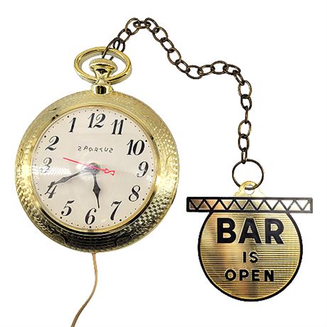 1960s Spartus Backwards Pocket Watch Bar Is Open Wall Clock
