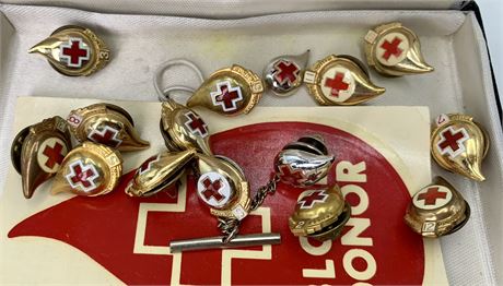 16 pc Vintage Blood Donor Red Cross Lapel Pins, Tie Tack, Stick Pin Lot