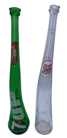 Two 1970s Stretched 7up & Pepsi 15” Soda Bottle Art Sculptures