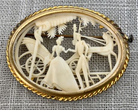 1930s Depose France Openwork Celluloid Horse & Carriage Brooch