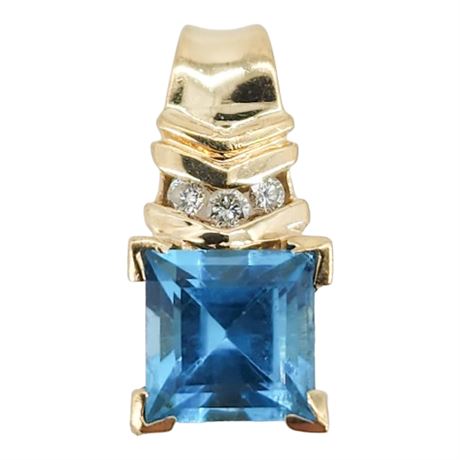 Vtg 10K Gold Blue Topaz & Diamond Pendant