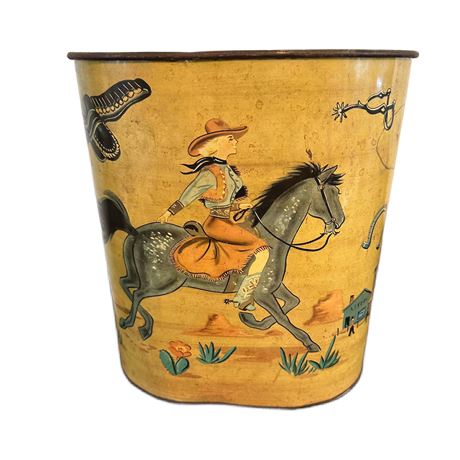 Vintage Steel Cowboy & Cowgirl Wastebasket