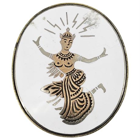 Vintage Siam Style Silver Tone White Enamel Brooch