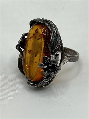 .925 ornate amber oval stone silver ring