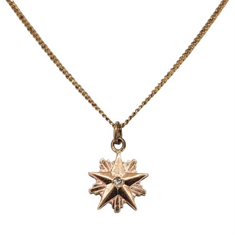 Vintage Deco Signed Gold Filled Star & Genuine Diamond Pendant Necklace