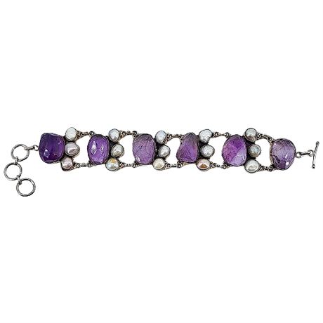 Sterling Silver, Amethyst, & Freshwater Pearl Statement Bracelet