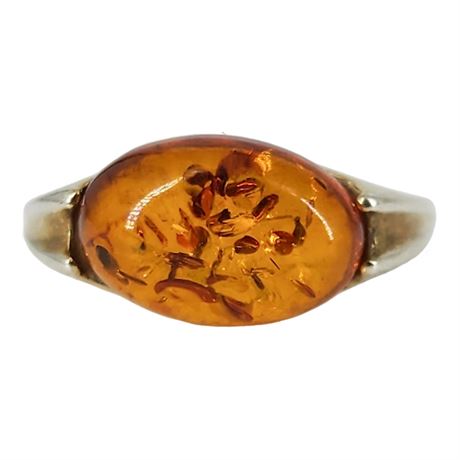 Sterling Silver Amber Band Ring, Sz 6