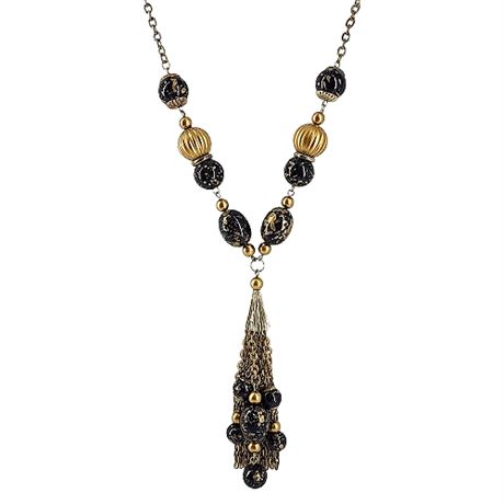 Vintage Long Black & Gold Tone Tassel Necklace