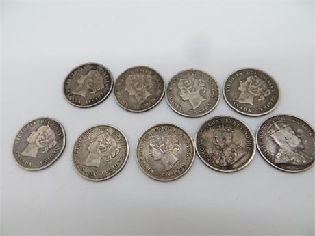 9 Canadian .05 Cents Silver Coins