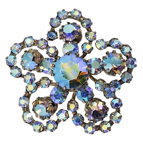Vintage Austrian Prong Set Blue Aurora Borealis Rhinestone Flower Brooch