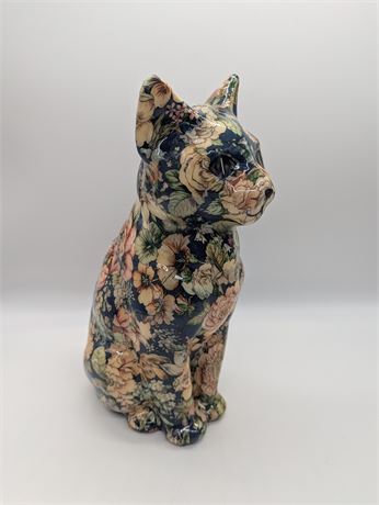 Large USA Made Decoupage Style Cat Blue Flowers