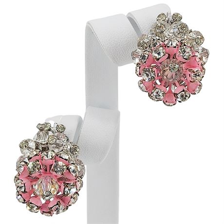 Vtg VENDOME Rhinestone, Crystal, & Pink Enamel Clip Earrings