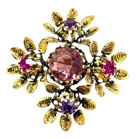 Vtg Floral Brooch w/Purple Austrian Crystal Rhinestones
