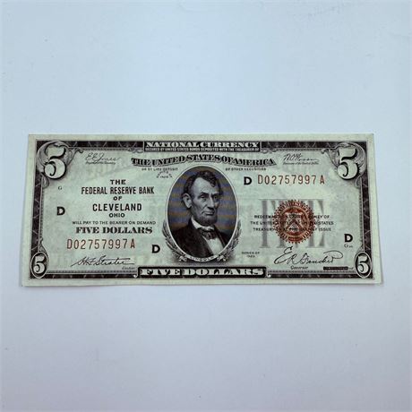 AU/UNC 1929 $5 Fed Reserve Cleveland National Currency