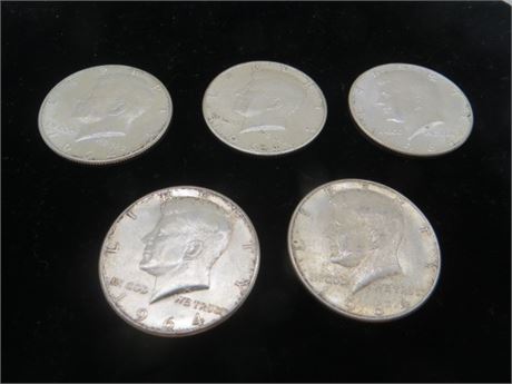 Five 1964 Kennedy Half Silver Dollars