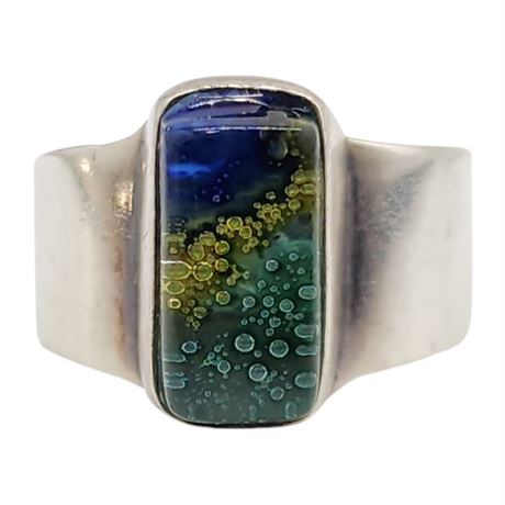 Artisan Made Sterling Silver Art Glass Ring, Sz 6