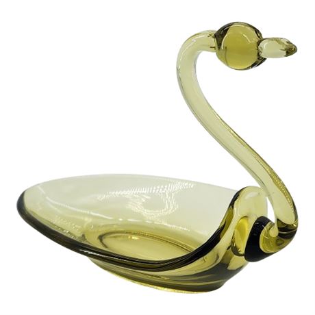 Vintage Duncan & Miller UV Reactive Olive Green Glass Swan Form Candy Dish